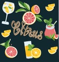 Citrus drinks with citrus fruits on dark background